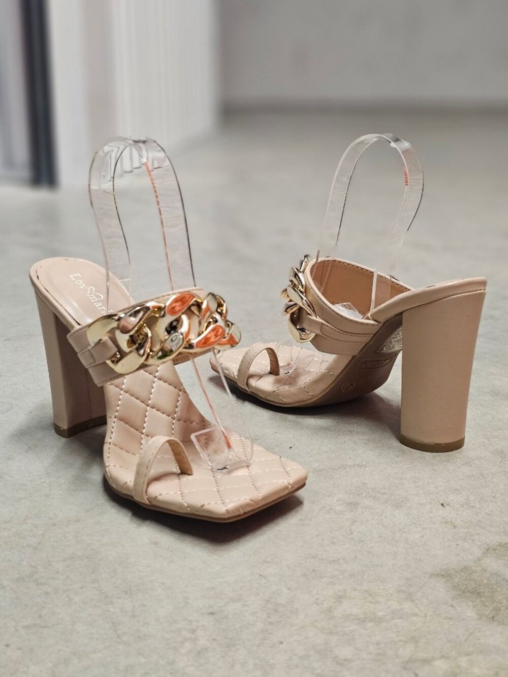 Quilted Nude Heeled Sandals With Gold Chain Detail & Square Toe Design